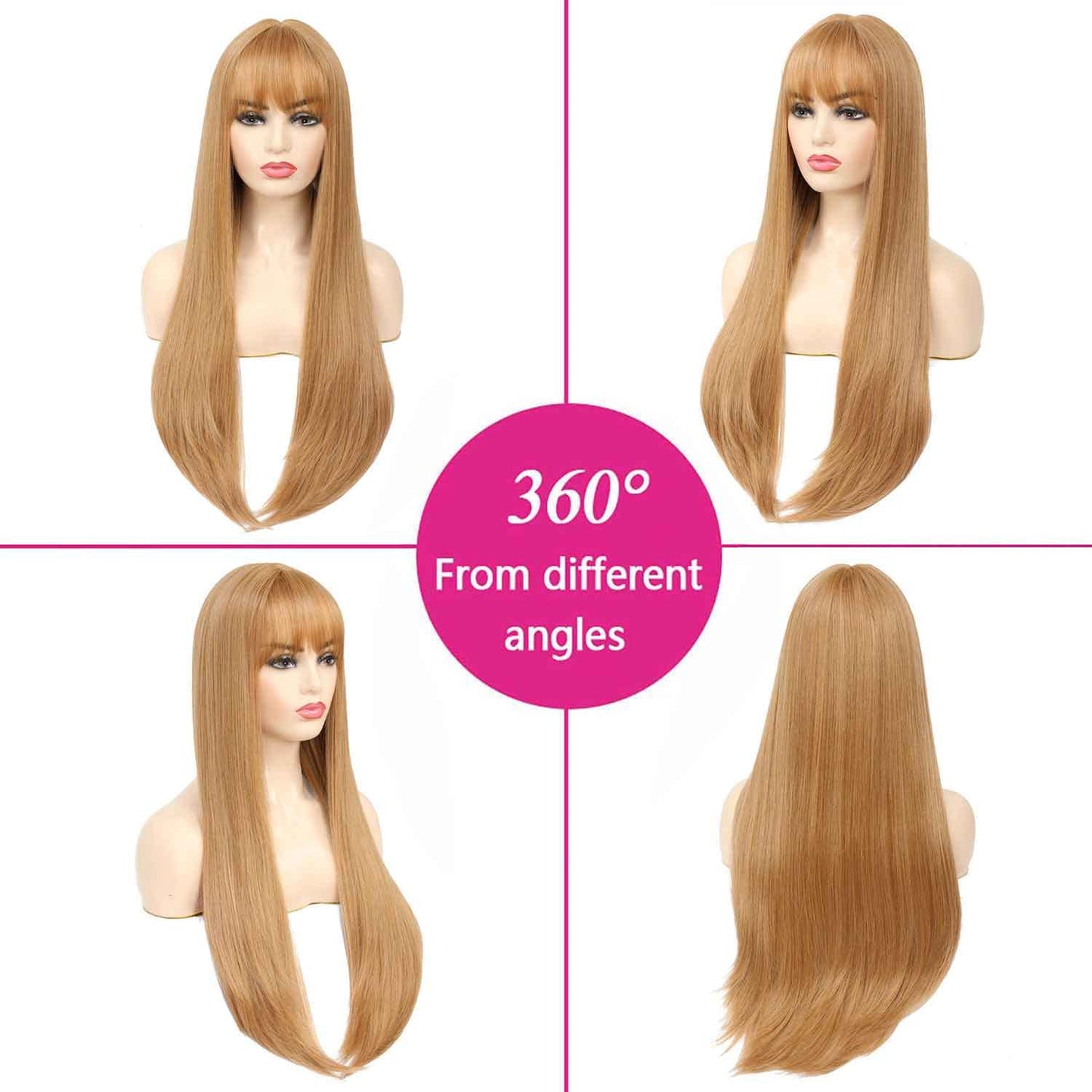 SOKU Strawberry Blonde Natural Straight Wig with Bangs 28" Long Straight Honey Blonde Fringe Wig Synthetic Silky Hair Wigs for Women Cosplay Costume Wigs
