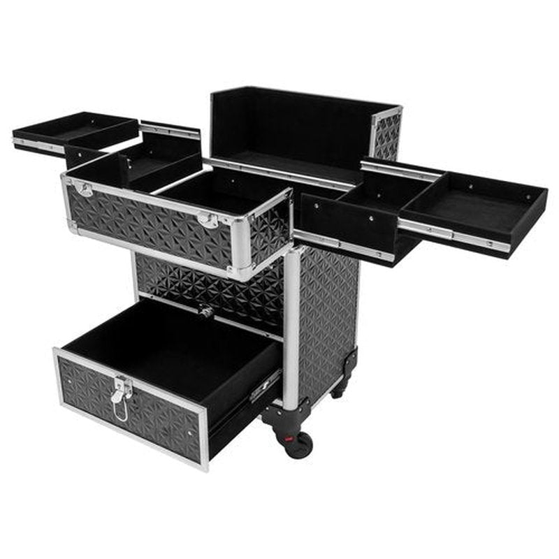 Rolling Makeup Train Case with Drawers, Cosmetic Travel Trolley, Storage Sliding Drawer 4 Tray Cosmetics Beauty Organizer Lockable Luggage Trolley w/Wheels for Nail Art/Hair Styling(Black+Silver)