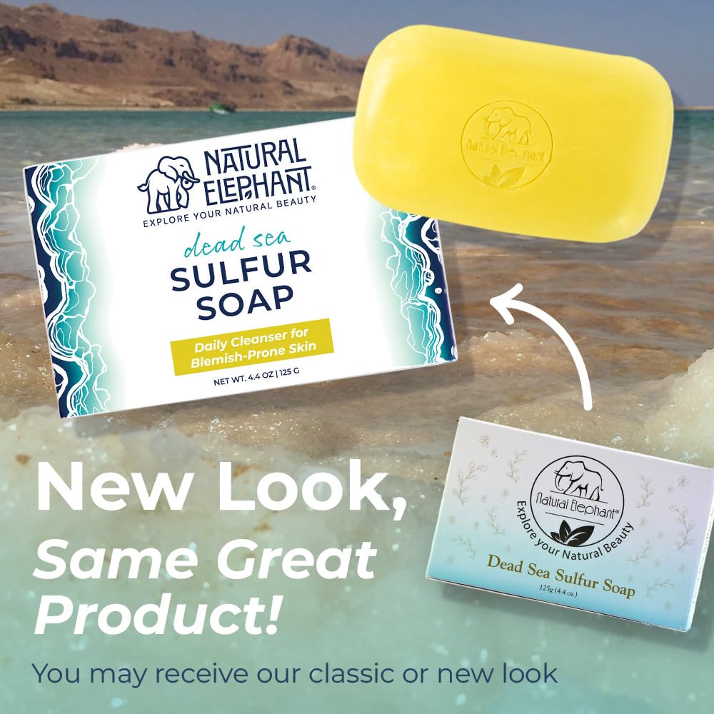 Natural Elephant Dead Sea Sulfur Soap 4.4 oz with Dead Sea Salt, Aloe Vera, Sulphur Face and Body Cleanser Bar for All Skin Types (10 Pack (44 oz Total))