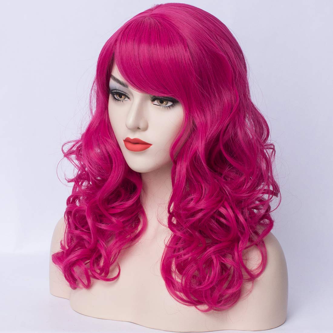 PATTNIUM Hot Pink Wig Women Shoulder Length Curly Wig Dark Pink Wig With Bangs for Women and Girls Synthetic Cosplay Costume Wig (Hot Pink)