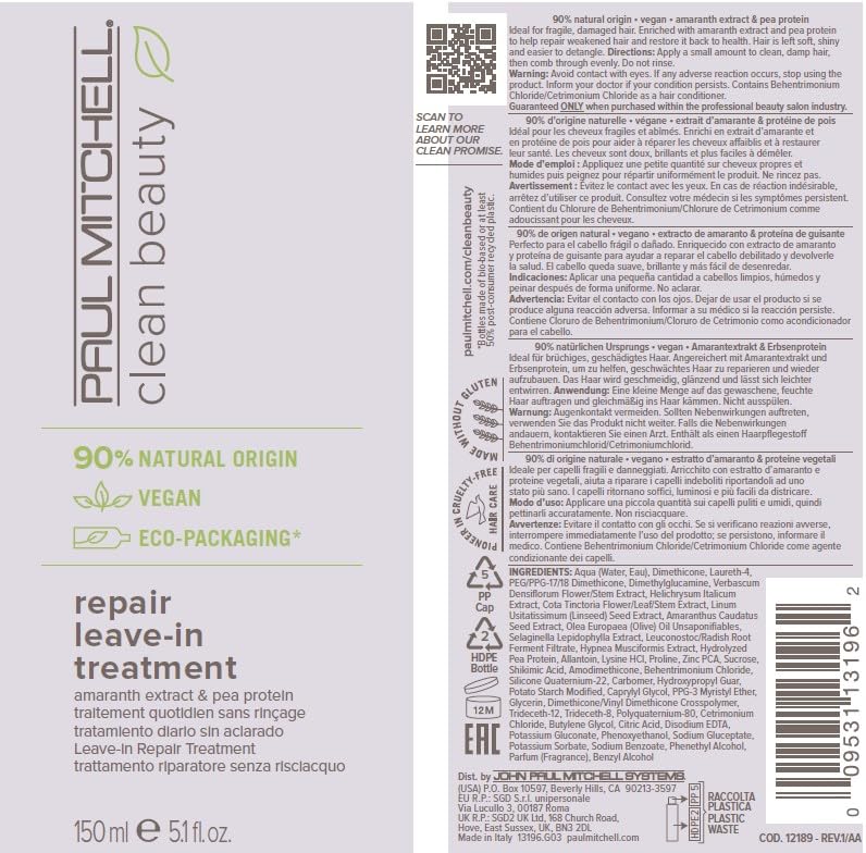 Paul Mitchell Clean Beauty Repair Leave-In Treatment, Leave-In Conditioner, Restores Strands, For Damaged, Brittle Hair, 5.1 fl. oz.