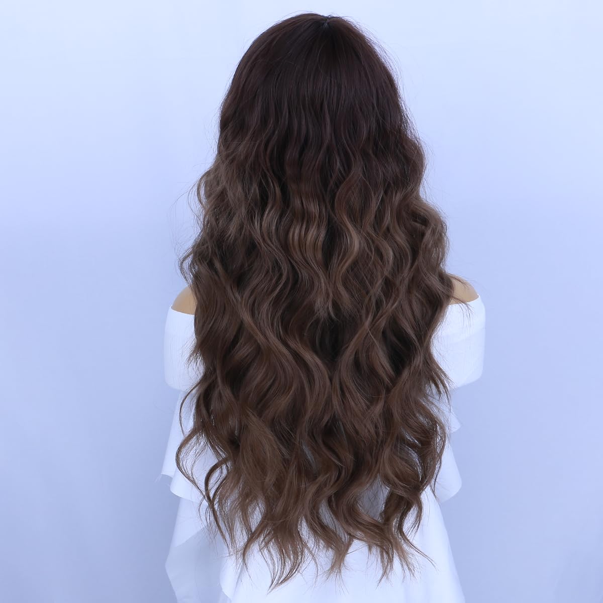 WTHCOS Brown Ombre Wig Long Wavy Hair Wig With Bangs for Women Mixed Brown Ombre Heat Resistant Synthetic Hair Wigs for Daily Use Cosplay Wig With Wig Cap