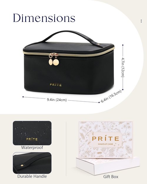 Prite Makeup Bag, Large Capacity Portable Travel Cosmetic Bag, Waterproof Makeup Organizer for Women with Handle and Divider(Black)