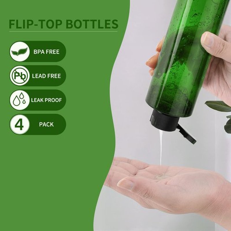 LISAPACK 8.3oz Travel Bottles with Flip Cap (4 Pcs) Empty Dispenser Container for Travel Size Cosmetics (250ml, Green)