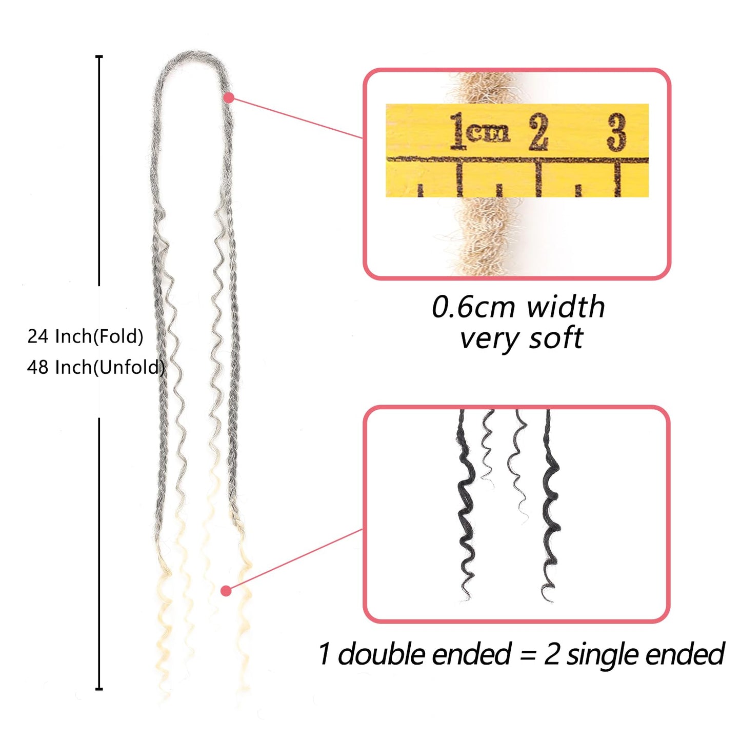 Leeven Boho Synthetic Dreadlock Extensions 24 Inch Ombre 613 Blonde Double Ended Dread Extensions 10 Strands Handmade Boho Box Braids Wavy Curly Ends Braid in Handmade Thin Wool DE Dreads for Women