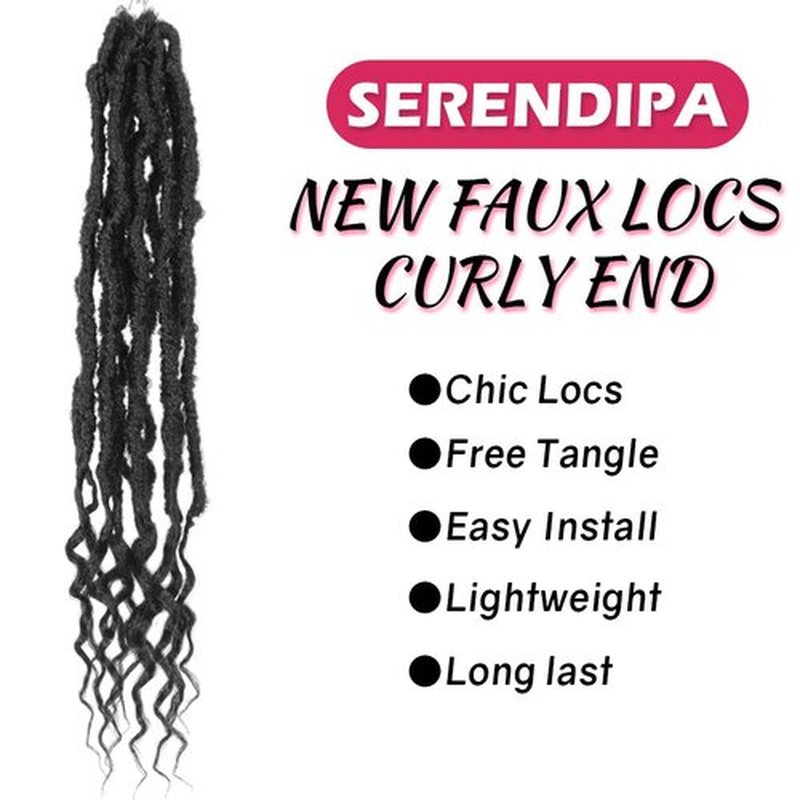 SERENDIPA Boho Faux Locs Curly End, 18 Inch Long Pre-Looped Soft Crochet Goddess Locs Synthetic Hair (6 Packs, 1#, Black)
