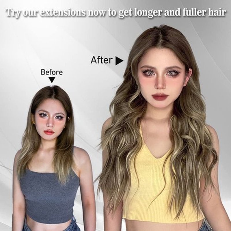 QGZ Clip in Long Wavy Hair Extensions Synthetic 4 PCS Thick Hairpieces for Women 20 Inch Long Fiber Hair Extension for Daily Party Use (Medium Brown Highlighted Blonde)