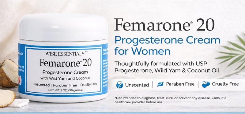 Wild Yam Progesterone Cream for Women – Femarone 20 USP Progesterone with Organic Coconut, Natural Wild Yam Extract – Menopause & Hormone Balance Support – Paraben Free Cream Wise Essentials