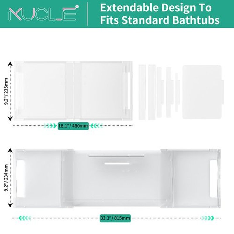 Kucle Expandable Acrylic Bathtub Tray - 18-32 Inches Bath Caddy Tray for Bathtub, Luxury Bath Tub Tray Table for Home Spa, Bath Tray for Tub, Bathroom Tub Accessory Birthday Gift for Her (Clear)