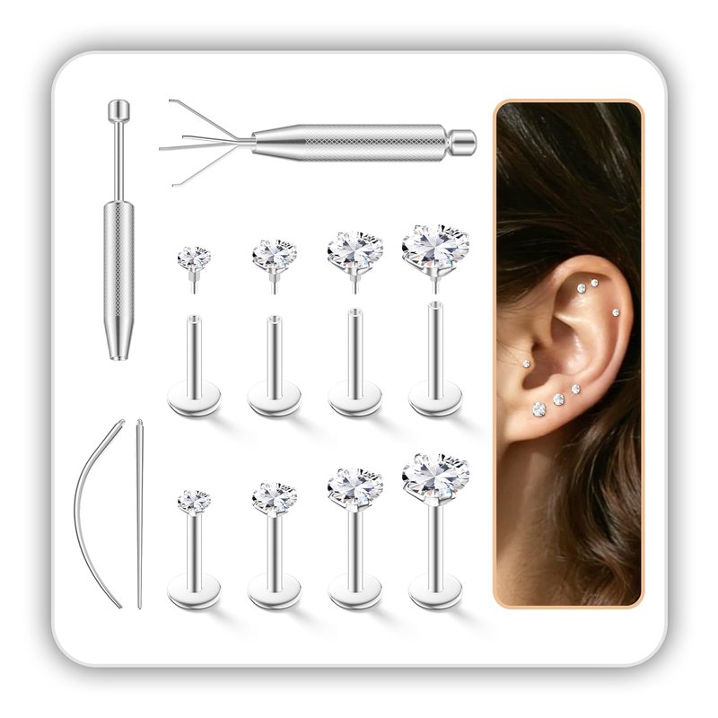 16G Flat Back Stud Earrings for Women Men Set - Hypoallergenic Surgical Steel Internal Thread Tragus Helix Cartilage Conch Nose Piercing Jewelry - Be Equipped With Piercing Ball Grabber Tool (Silver)