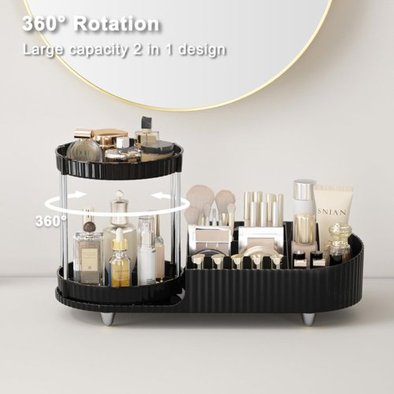 Lulltou Makeup Organizer Countertop with Partition Slot for Vanity, Plastic Vanity Organizers and Storage, 2-in-1 Large Desk Makeup and Skincare Organizers with Perfume Tray for Cosmetics Bathroom