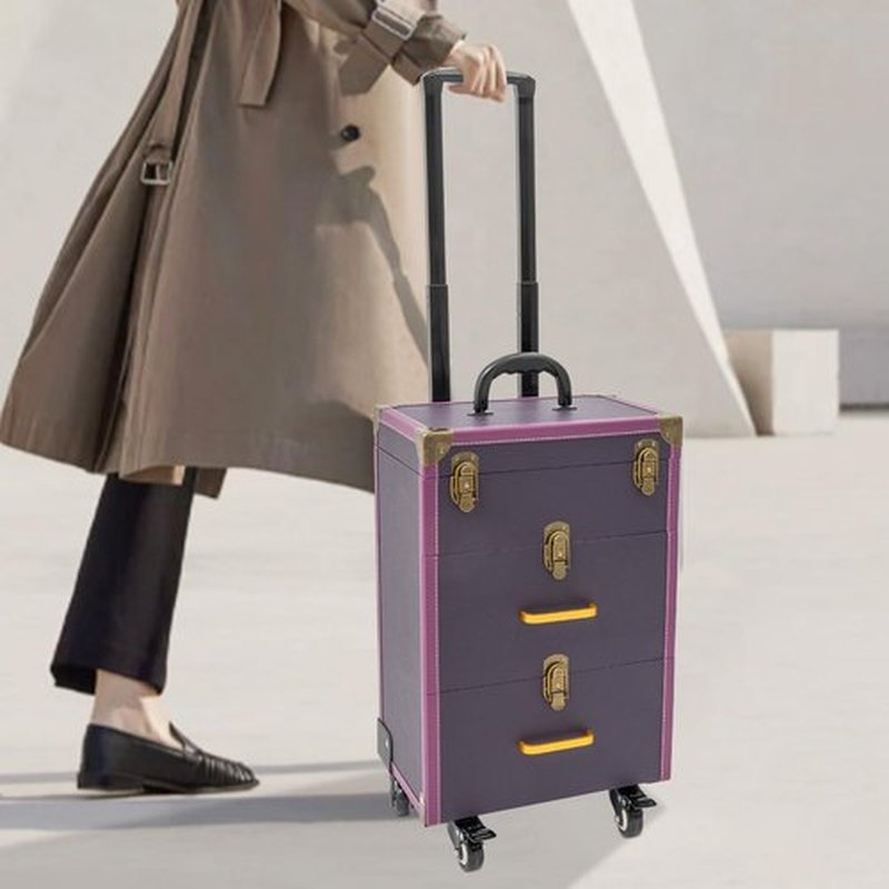 Rolling Makeup Case with Drawers&4 Wheel, Cosmetic Case Trolley, Make Up Suitcase Cosmetic Trolley, Portable Multifunction Makeup Suitcase, Jewelry Travel Cosmetic Train Case (Purple+Bronze Color)