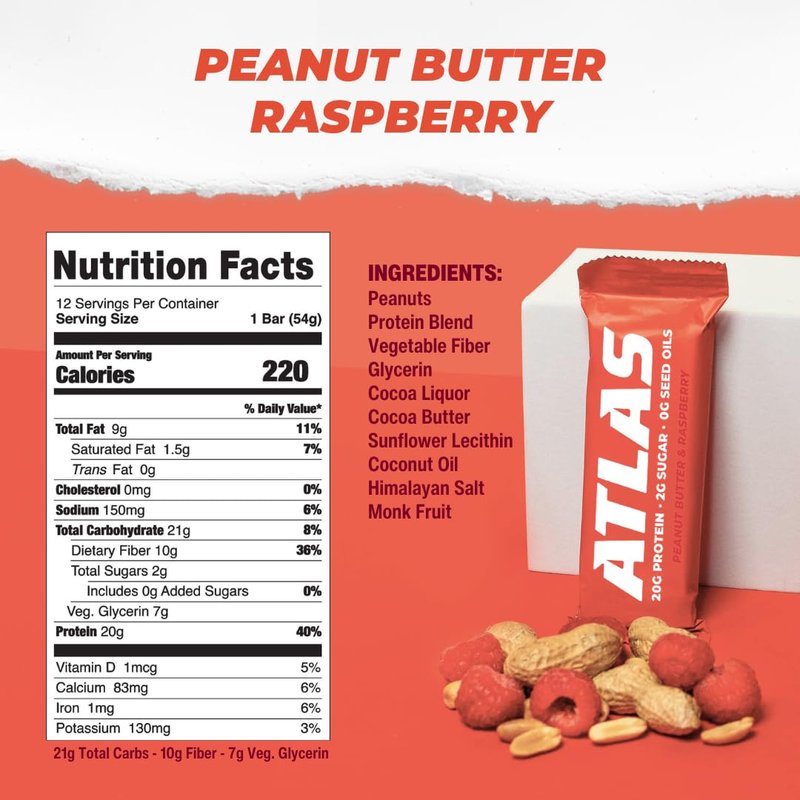 Atlas Real Food Protein Bar – 20g Protein, 10g Fiber, 1g Sugar, No Seed Oils, No Artificial Sweeteners (Variety, 4 Count)