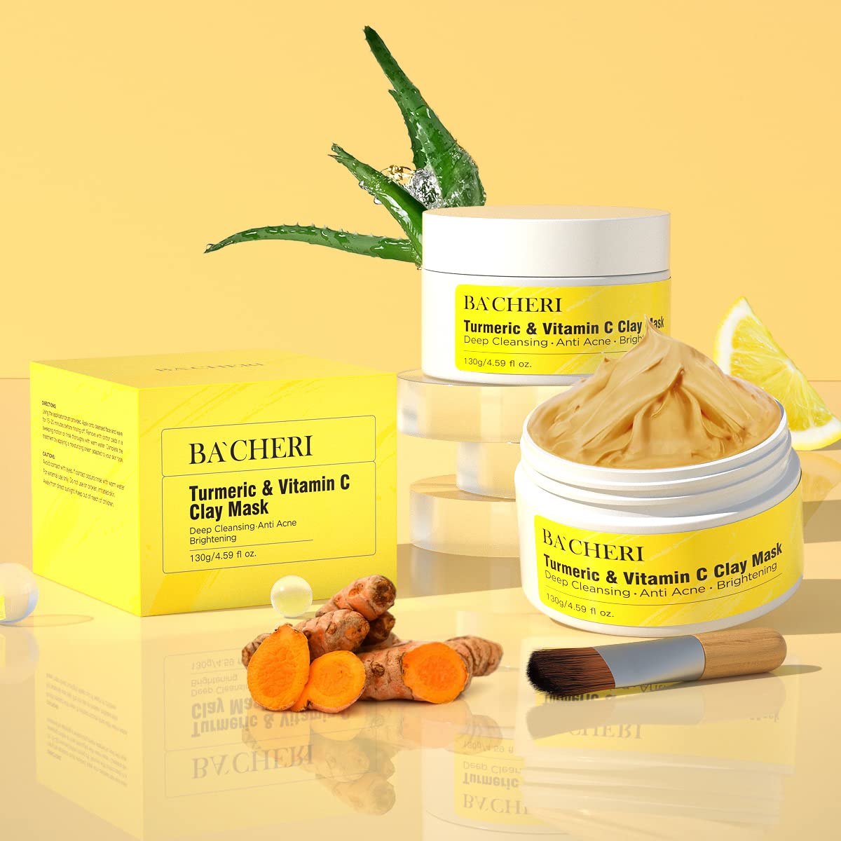 BACHERI Turmeric Vitamin C Clay Mask # 130g, Blackheads Acne Dark Spots Remover with Turmeric Extract, Glowing Skin, Refining Pores and Controlling Oil