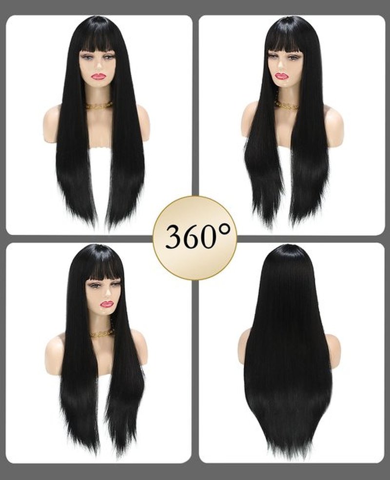 MaxlaceWig Black Wig with Bangs for Women, Long Black Wig 28 Inch Black Straight Synthetic Wig Natural Looking Heat Resistant Fiber Guleless Wig for Daily Party Use Long Colorful Cosplay Halloween Wig
