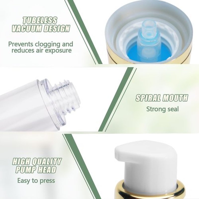 6Pcs 1.7oz/50ml Airless Pump Bottle Dispenser, Clear Empty Shampoo Bottles, Travel Lotion Container with Labels for Foundations Cream Serums Shampoo (Gold)