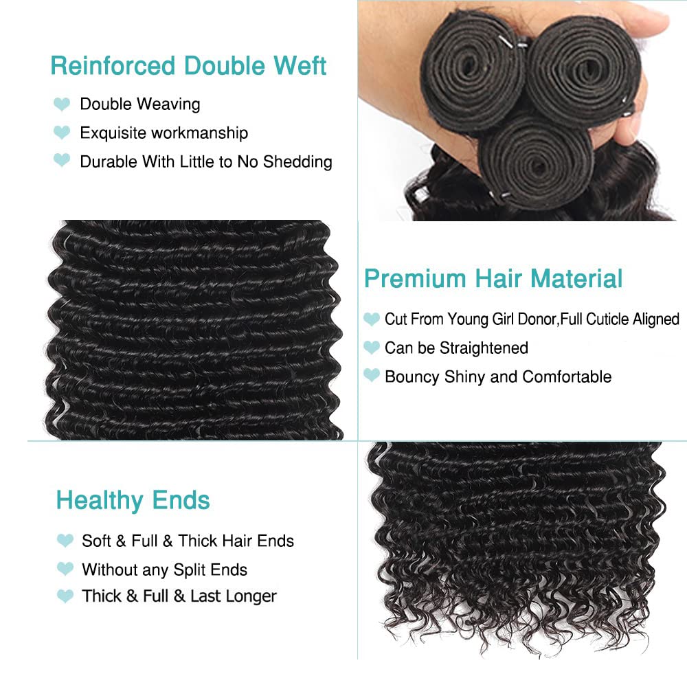 Deep Wave Bundles Human Hair Natural Black Color 8A Grade Brazilian Unprocessed Virgin Hair 14 Inch Loose Deep Wave Human Hair Bundles