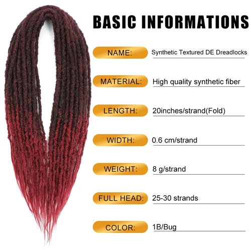 Aguacor Synthetic Textured Dreadlocks Straight Double Ended Dreadlock Extensions with Texture 20inches 5 Strands Thin Soft DE Dreadlock Extensions for Women (5 Strands, 1B/Bug)