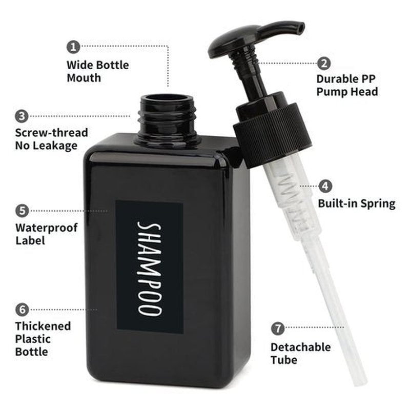 Segbeauty 4pcs Square Lotion Dispenser, 6.8oz Empty Shampoo Pump Bottles Small with Labels, 200ml Refillable Portable Plastic Press Bathroom Shower Dispenser Liquid Soap Containers for Travel Black