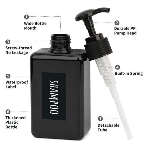 Segbeauty 4pcs Square Lotion Dispenser, 6.8oz Empty Shampoo Pump Bottles Small with Labels, 200ml Refillable Portable Plastic Press Bathroom Shower Dispenser Liquid Soap Containers for Travel Black