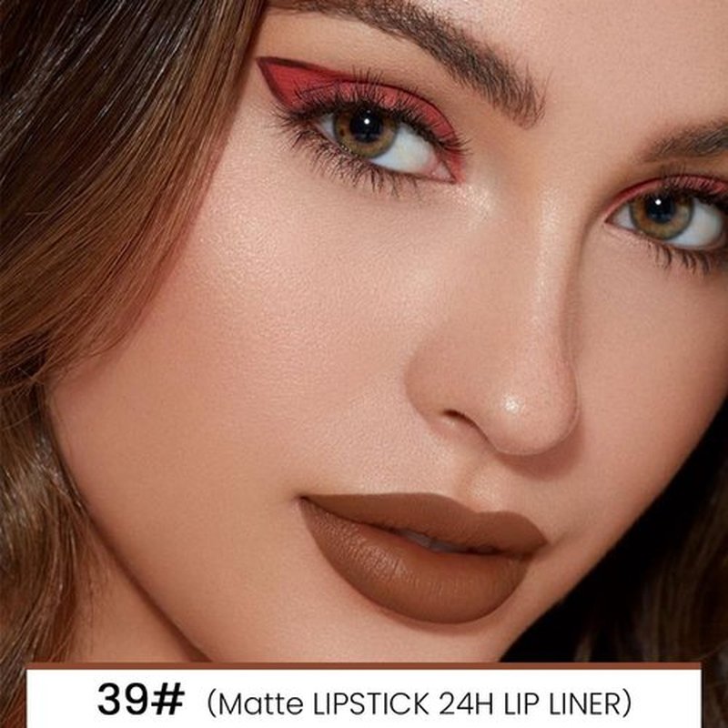2 in 1 Dark Brown Velvet Matte Lip Liner and Lipstick Combination DNM Magic Lipstick Lip Stain 24 Hours Original Lip Liner Makeup Stain Long Lasting Waterproof Smudge Proof labial Lip Penc Set 39#