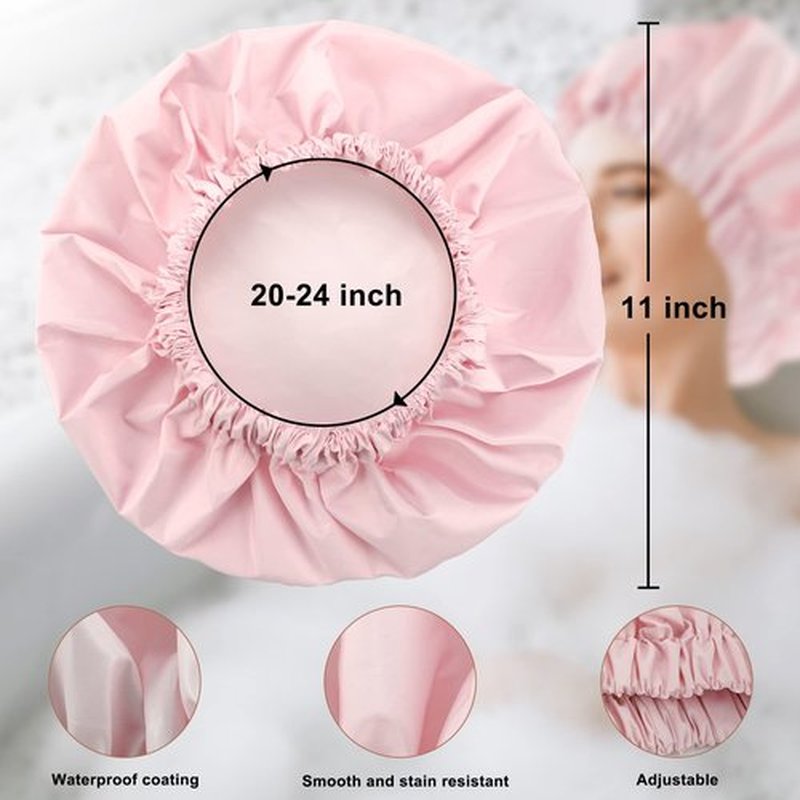 Reusable Shower Cap for Women, Large Waterproof Shower Bonnet Washable Elastic Band Bath Hair Hat for Long Hair, Braids(Pink&Green)