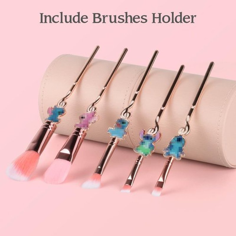 5 Pcs Stich Makeup Brushes with Brushes Holder, Interstellar Baby Makeup Brushes, Stich Stuff for Girls and Women(Pink)
