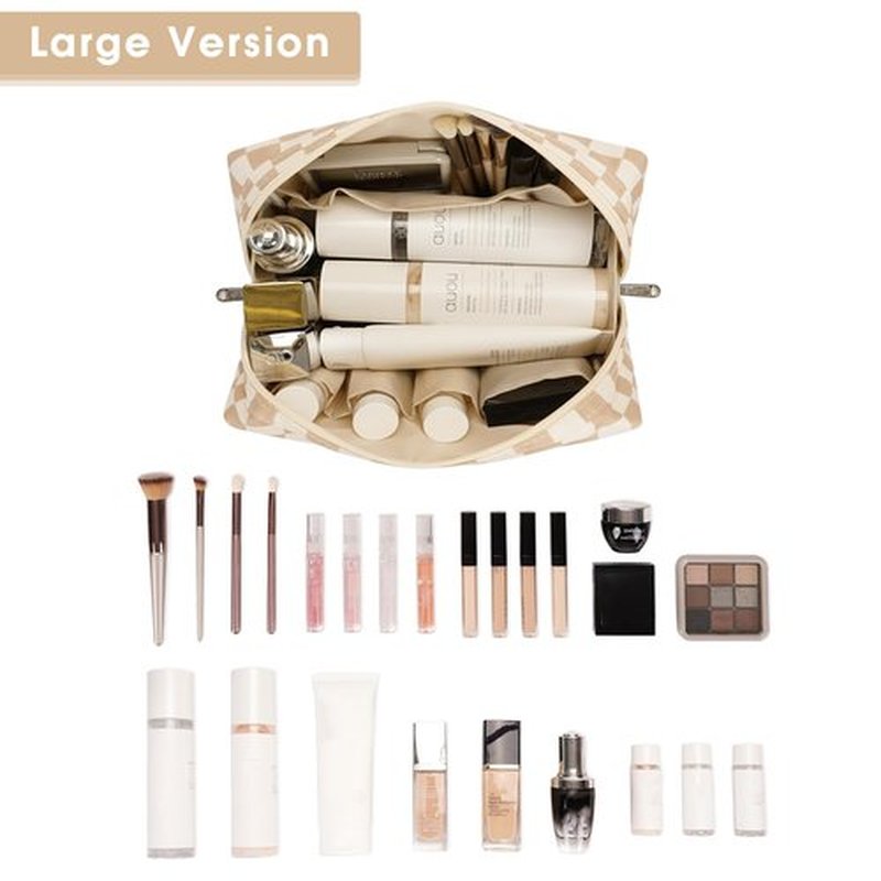 Narwey Large Checkered Makeup Bag Zipper Pouch Travel Cosmetic Bag Organizer for Women (Large, Light Checkerboard)