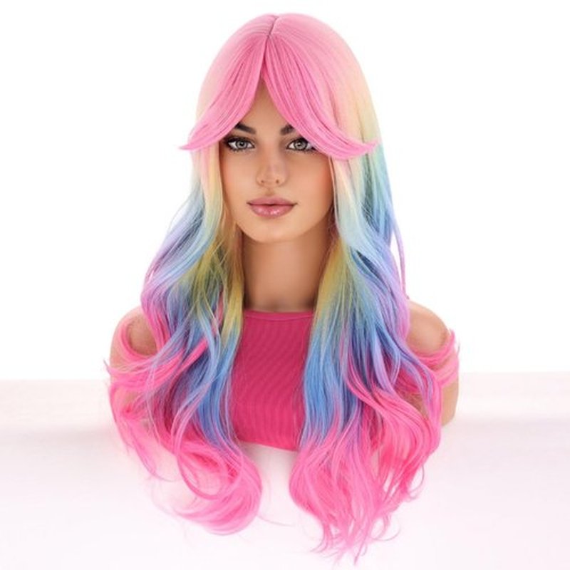 BERON 26 Inches Rainbow Wig Long Wavy Wig with Bangs Synthetic Wig Long Wig Colorful Wigs for Daily Party with Wig Cap