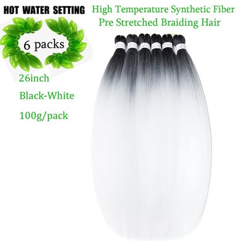 Pre Stretched Braiding Hair Extensions 26 Inch 6 Packs Braid Hair Prestretched Crochet Braids Hair Hot Water Setting High Temperature Synthetic Fiber Premium Yaki Texture(26inch,Black-White)