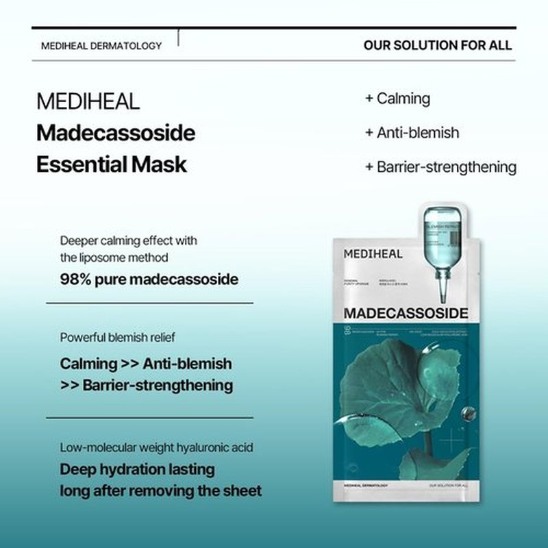 Mediheal Madecassoside Essential Sheet Mask Blemish Repair 4 pcs. 98% Purity Madecassoside & Hyaluronic Acid Included. Enhancing Moisture Barrier & Skin Texture Care. Vegan Formula Sheet Mask