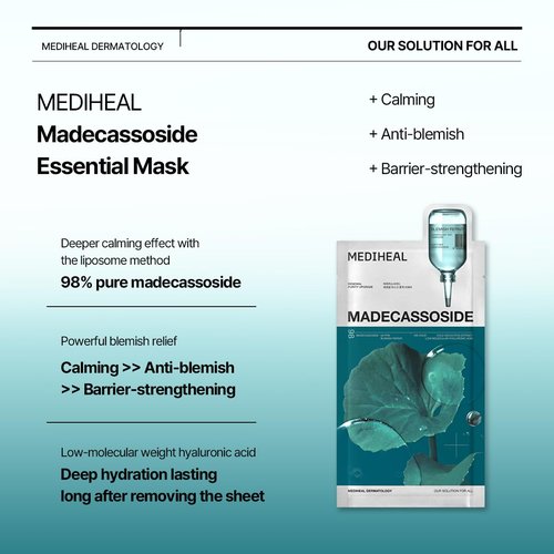 Mediheal Madecassoside Essential Sheet Mask Blemish Repair 10 pcs. 98% Purity Madecassoside & Hyaluronic Acid Included. Enhancing Moisture Barrier & Skin Texture Care. Vegan Formula Sheet Mask