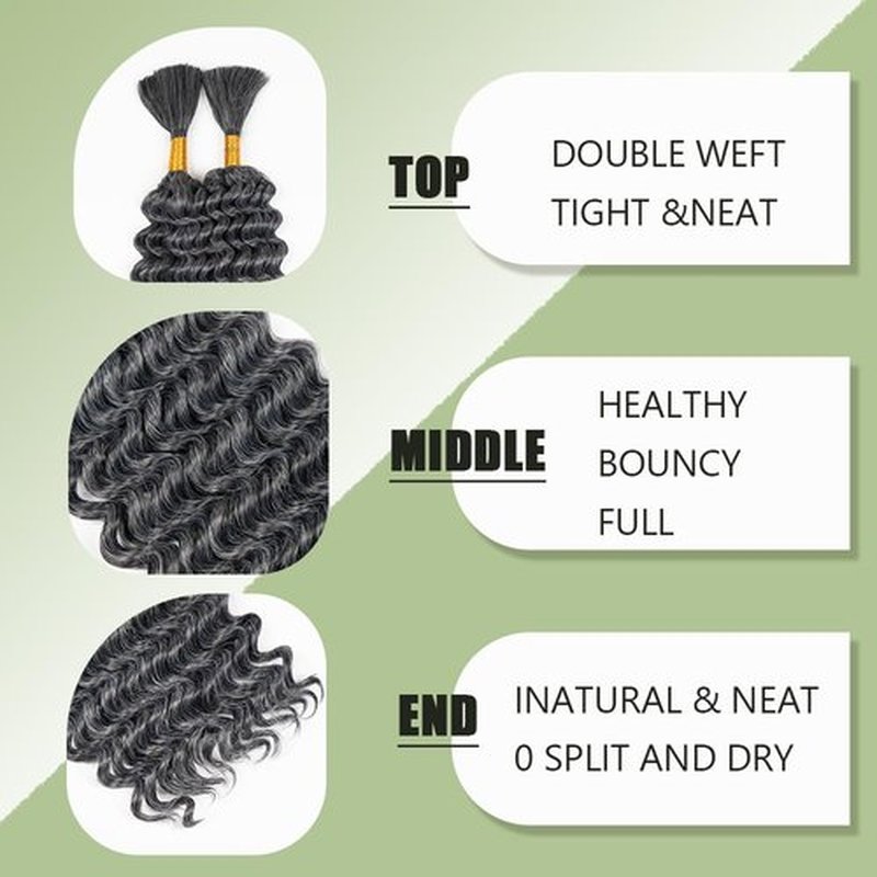 Deep Wave Bulk hair for Braiding Wet and Wavy Micro Braiding Hair No Weft Faux Deep Wave Braiding Hair Extensions for Box Boho Braids 150g with 2Bundles #1B/Grey (20Inch)