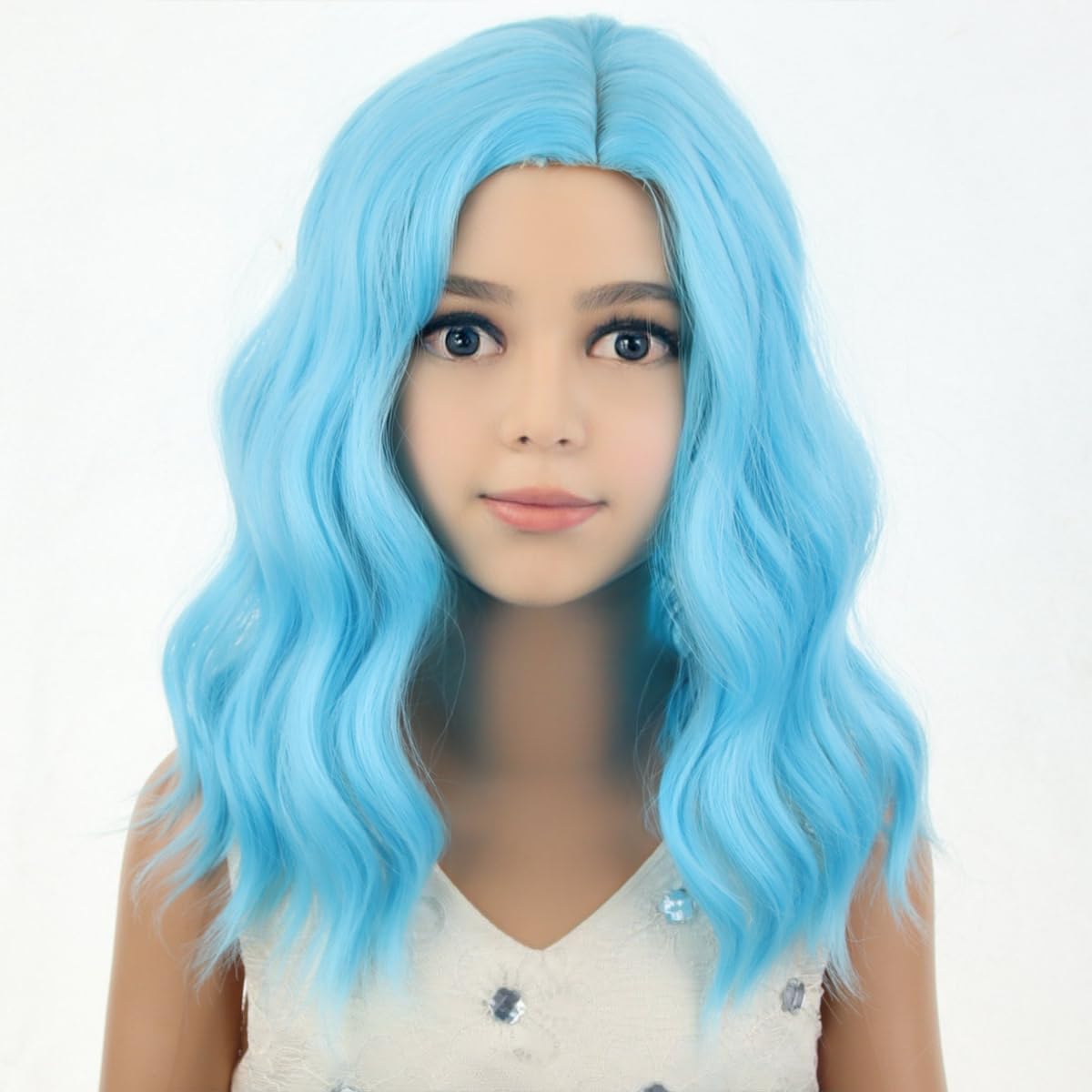 PATTNIUM Kids Blue Wig Short Wavy Wig Light Blue Wig for Kids Cosplay Halloween Party Costume Heat Resistant Synthetic Wig for Girls (Light Blue)