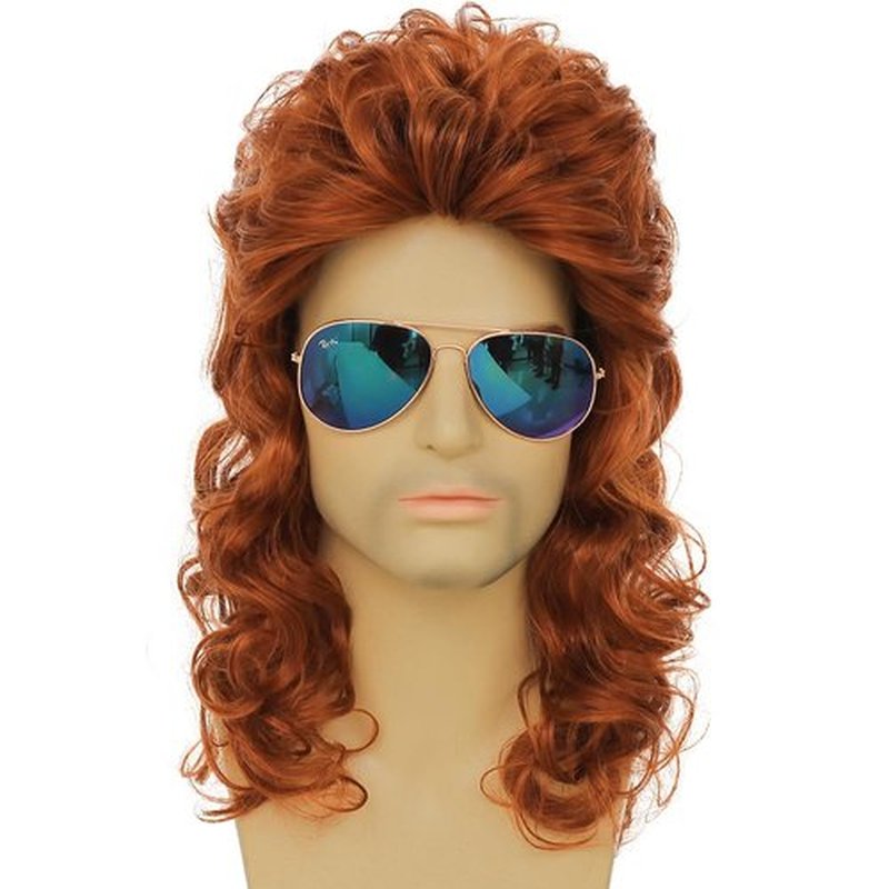 Dai Cloud Mens Orange Mullet Wig Long Curly 80s Rocker Wig Cosplay Halloween Costumes Party Hair Wig for Male Guys(Orange)