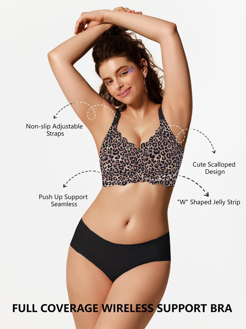 COCOMARTS Jelly Bras for Women No Underwire Scalloped Push Up Wireless Bralettes Seamless Soft Comfort Everyday Tshirt Bra Black Leopard XX-Large
