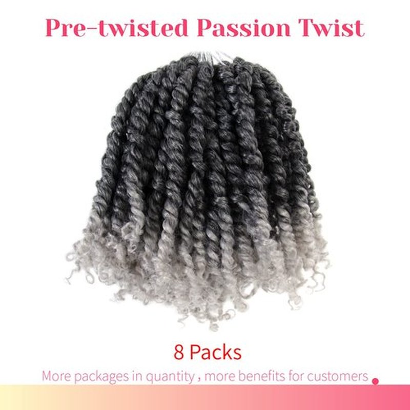 The BOHOBABE Pre-twisted Passion Twist Crochet Hair 8 Inch Short Ombre Gray Pre-looped Crochet Passion Twist Braiding Hair 8 Packs (T1B/grey)
