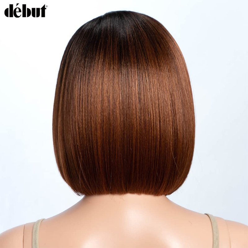 DÉBUT Asymmetrical Bob Wigs Ear to Ear Lace Front with Baby Hair Short Bob Simulated Scalp Lace Wig for Women Heat Resistant Fiber Synthetic Hair Side Parting Wig Highlight Ombre Brown Color