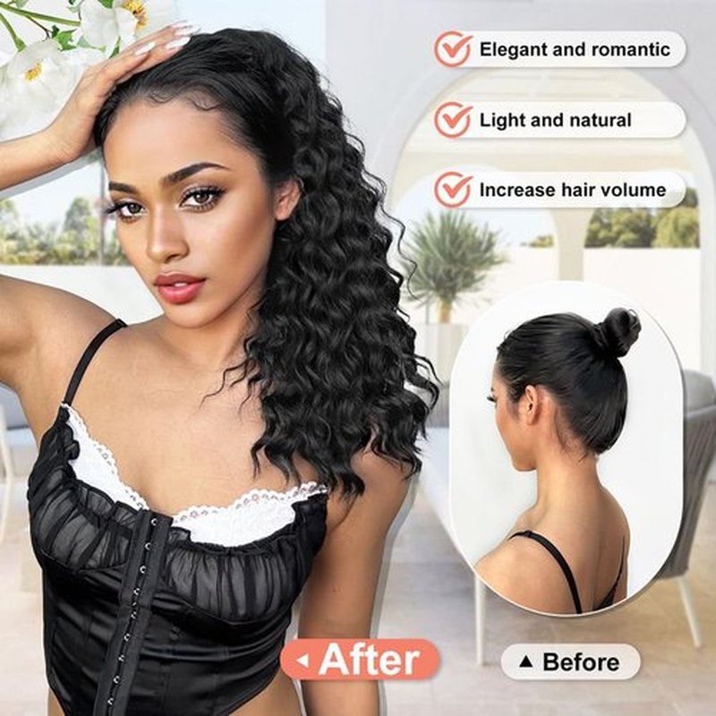 ALXNAN Wavy Curly Ponytail Extension, Long Soft 18" Black Drawstring Ponytai for Black Women Natural Synthetic Hairpiece Thick For Daily Use