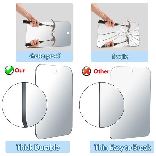 Shower Mirror Fogless for Shaving, Medium 8 in x 6 in Mirror for Wall Hanging, Frameless Portable Travel Camping Mirrors Shatterproof Handheld Locker Shave Mirror Makeup Plastic Anti Fog Free Bathroom