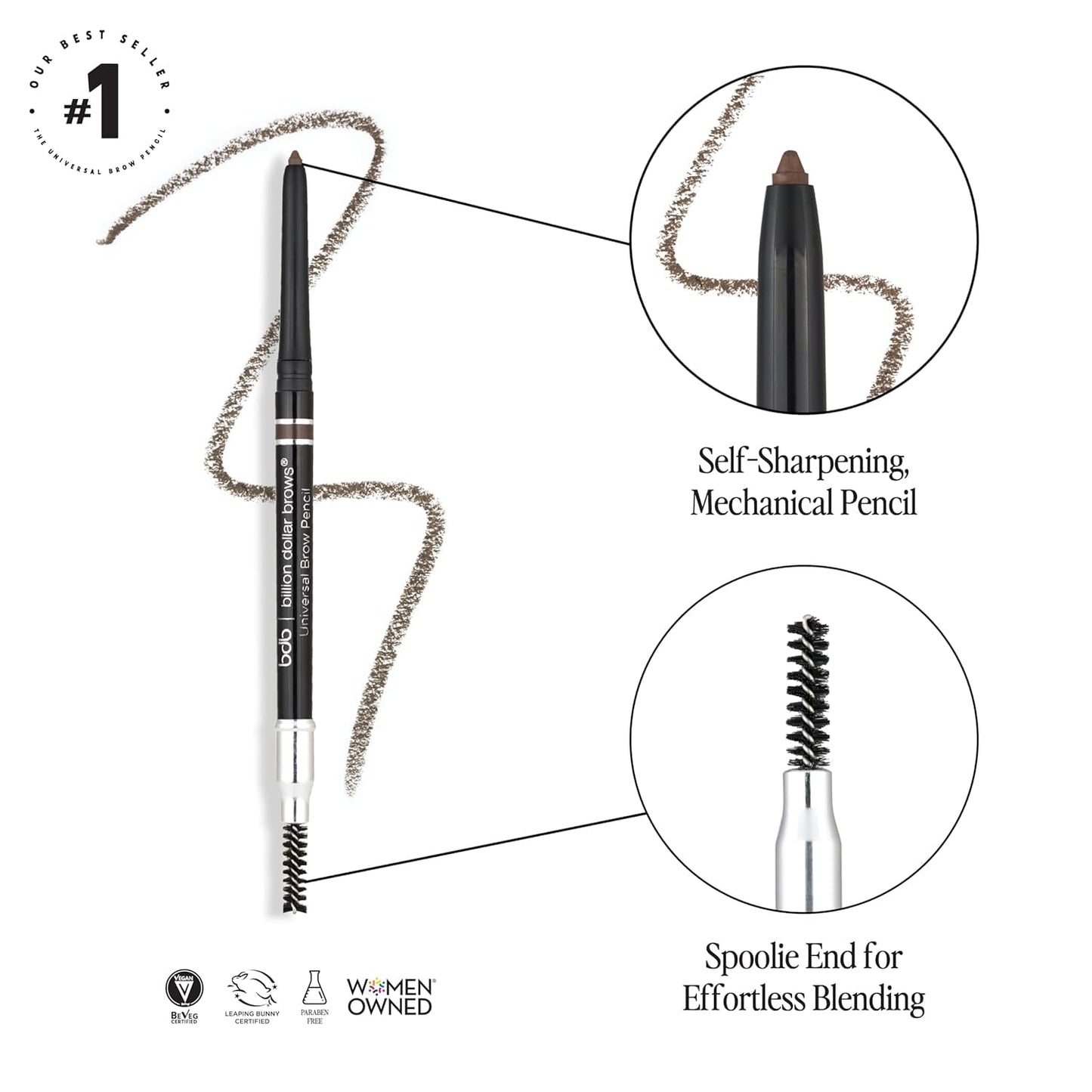 bdb Universal Eyebrow Pencil - Precision Tip & Spoolie, Waterproof, Define Shape & Fill Brows, 3-Pack