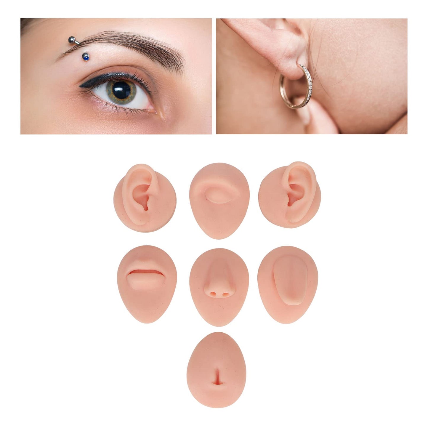 Soft Silicone Flexible Model Body Part Displays Set, Body Piercing Practice Model Simulation Ear Eye Nose Mouth Tongue and Belly Button Model for Novice Piercer (Light Skin Colour)