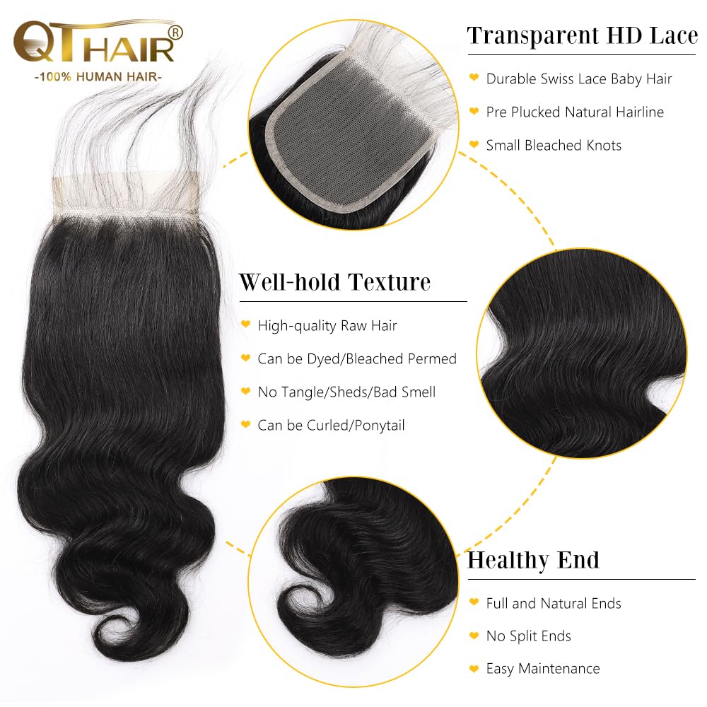 QTHAIR 14A Grade Brazilian Virgin Body Wave Hair Hair Bundle/Closure/Frontal 100% Unprocessed Brazilian Body Wave Human Hair Extensions (22", 4x4 Closure)