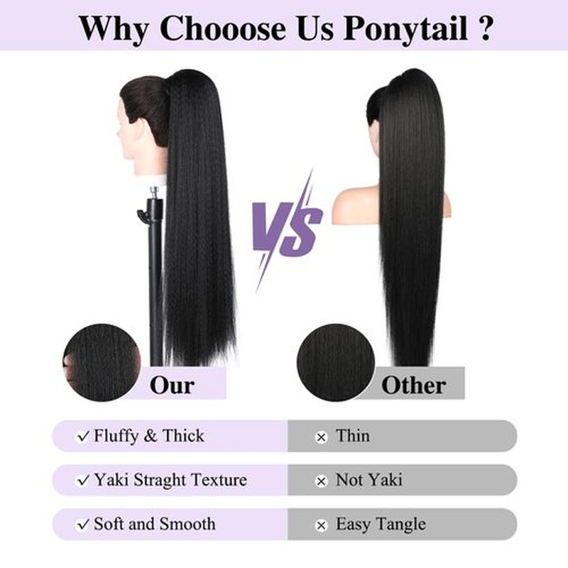 WIGER Kinky Straight Ponytail Extension 30 inch Long Yaki Straight Ponytail Extension Natural Black Hairpiece for Women Wrap Around Ponytail for Black Women