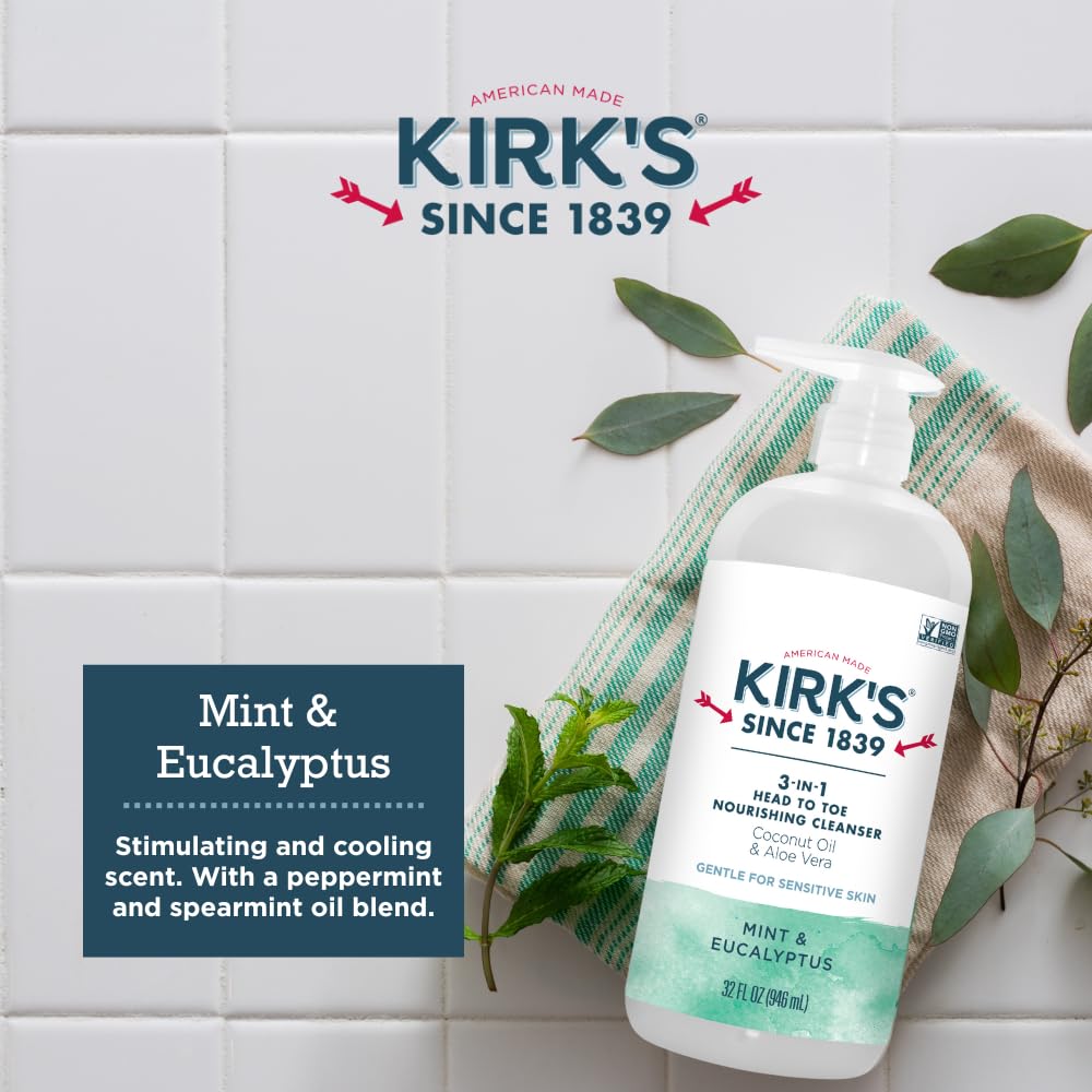 Kirk's 3-in-1 Head to Toe Nourishing Liquid Cleanser & Travel Size Bar Soap - for Men, Women & Children - Premium Coconut Oil & Aloe Vera- Non GMO & Vegan -Mint & Eucalyptus - 32 Fl Oz. 2 pack
