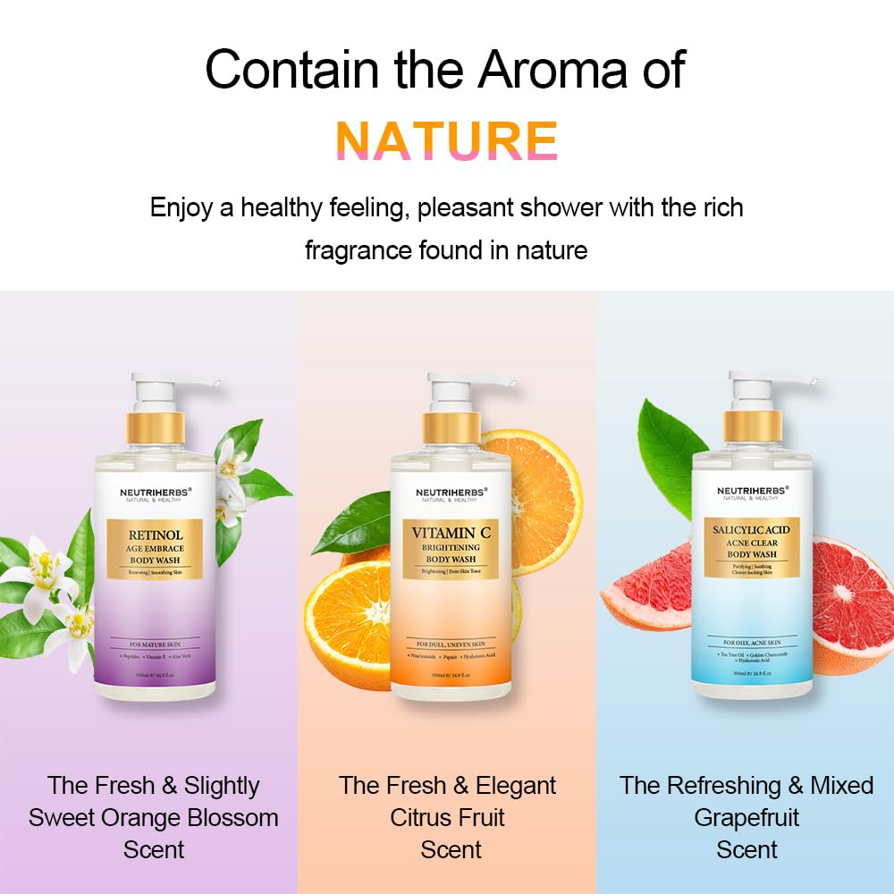 Neutriherbs Retinol Body Wash, Anti Aging/Renewing Shower Gel For Women And Men, Daily Shower Soap With Peptides, Vitamin E, Aloe Vera - Orange Blossom Scent 16.9 Fl.Oz