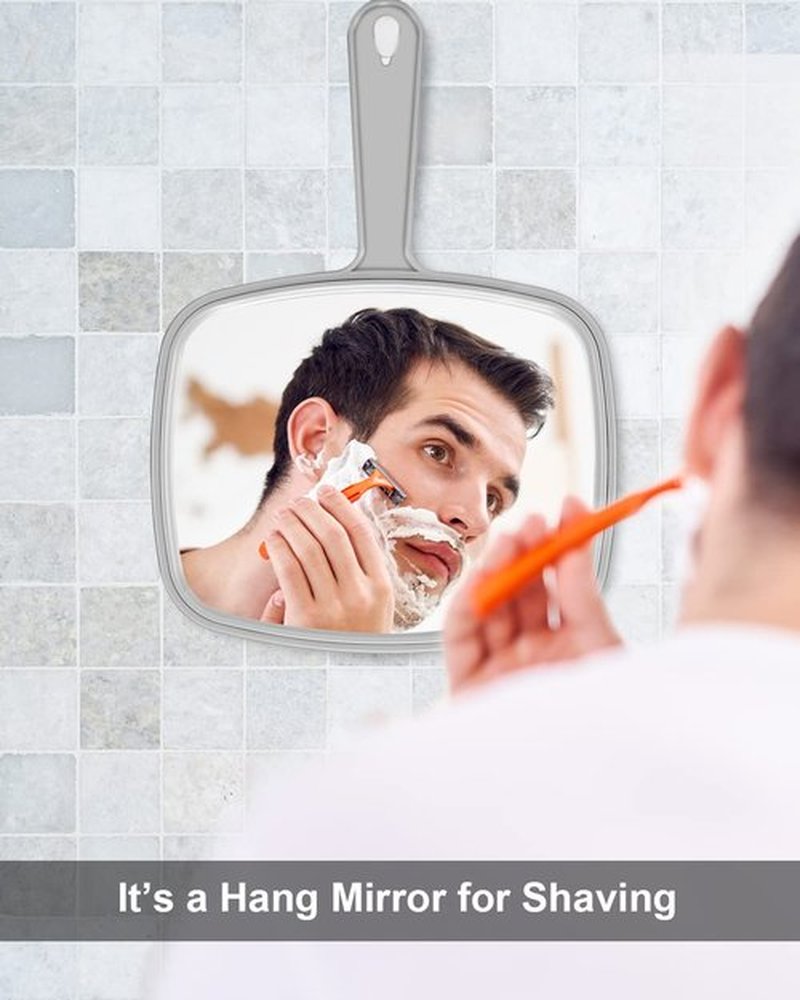 PROTECLE Large Hand Mirror, Salon Barber Hairdressing Handheld Mirror with Handle (Square Grey10.3 x7.4)