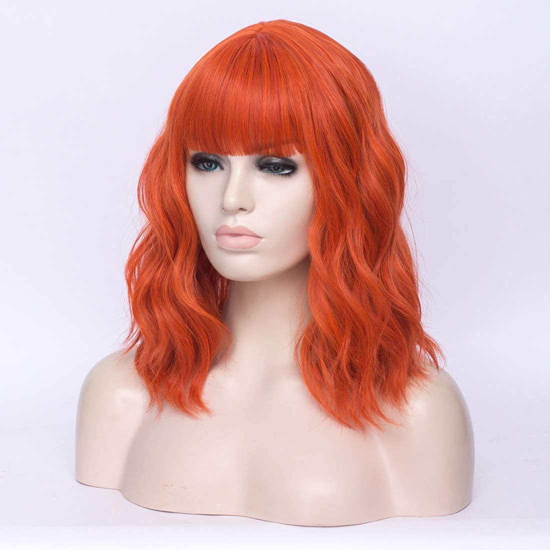 WGPFWIG Women's Light Orange Wig Short Curly Wavy Wig Shoulder Length Flat Bangs Wig For Women Girl Cosplay Party Halloween Wig Cap Included (Light Orange)