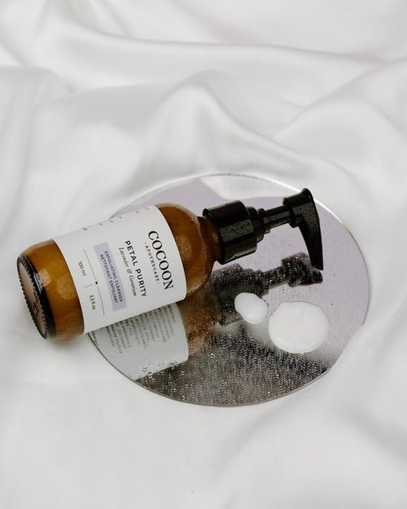 COCOON APOTHECARY Petal Purity Exfoliating Cleanser, Ecocert Cosmos Natural, Gentle Exfoliation, Purify, Soften, Dry/Normal Skin, Coconut Oil, Almond Oil, Lavender, Geranium, 3.3 fl oz