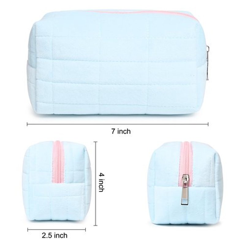 SOIDRAM 2 Pieces Makeup Bag Cute Cosmetic Bag Plush Pink Blue Checkered Makeup Pouch Coquette Travel Toiletry Bag Organizer Fluffy Makeup Brushes Puffy Storage Bag for Women